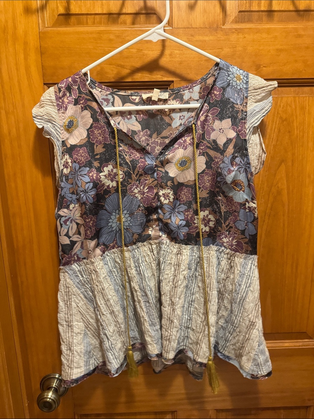 Mystree Floral Patchwork Cap-Sleeve Tunic in Purple, Blue and Cream